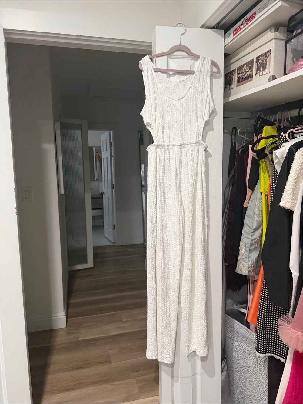 White Textured Sleeveless Jumpsuit with Drawstring Waist - Women